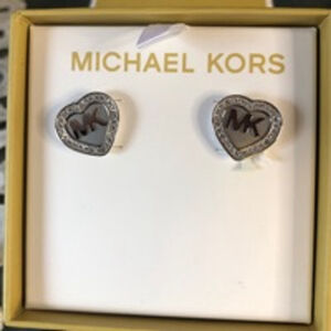 Michael Kors Engraved Heart Crystal Pave Stainless Steel Earrings, Silver Studs